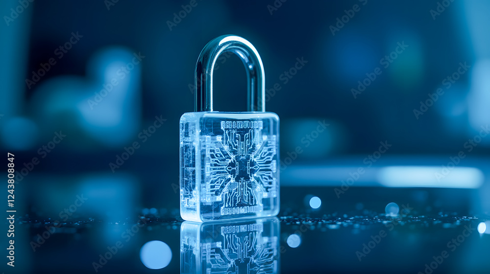 Poster transparent padlock with intricate circuit design placed on reflective surface under blue lighting, 
