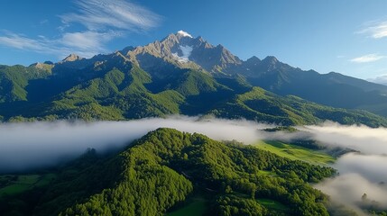 Obraz premium Exploring the Majestic Beauty of the Mountain Range Surrounded by Trees and Fleeting Clouds in Nature's Landscape