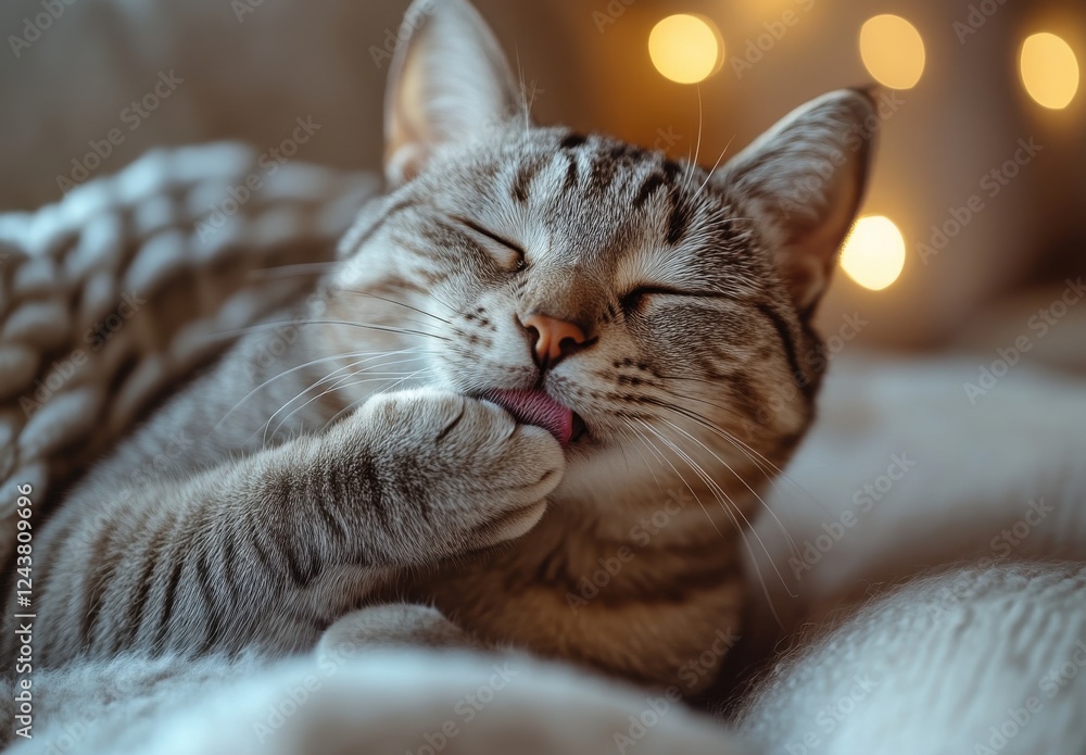 Poster cozy tabby cat relaxing on soft blanket while grooming with eyes closed and twinkling lights in the 