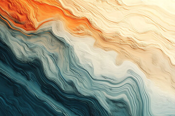 Abstract fluid artwork featuring earthy tones of orange, beige, and teal, resembling natural geological layers. Perfect for nature-inspired designs, creative projects, or textured backgrounds.