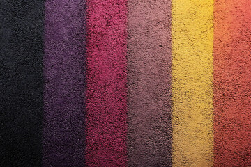 Fototapeta premium Vivid textured composition featuring vertical stripes of vibrant colors like black, purple, red, yellow, and orange. Ideal for artistic, creative, and colorful design projects or backgrounds.