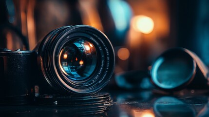 Close-up of a vintage camera lens with bokeh lighting