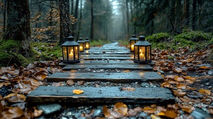 A Serene Pathway Illuminated by Lanterns: Discover the Tranquility of Nature's Landscape at Night