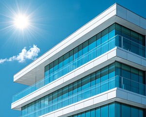 Obraz premium Modern glass office building facade under bright sun.