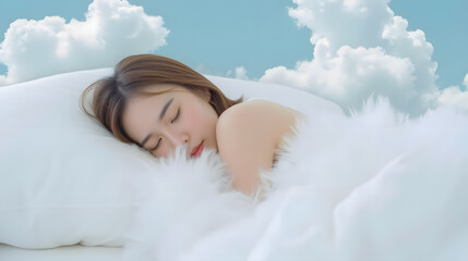 Serene woman sleeping peacefully on fluffy white clouds, dreaming in a tranquil sky filled with soft pastel colors and gentle tranquility.