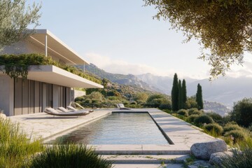 Experience a breathtaking luxurious modern villa featuring a sparkling pool, all set against the stunning backdrop of majestic mountains during the enchanting golden hour