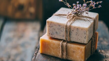 Handmade soap bars tied with twine on a rustic surface