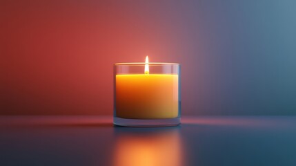 Lit candle glass jar, red-blue background, reflection, relaxation