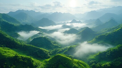 Fototapeta premium Misty Mountain Valley Sunrise Panorama