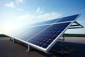 Solar photovoltaic panels installed on a ground mounted system in a rural landscape with blue sky and fluffy white clouds representing the clean sustainable