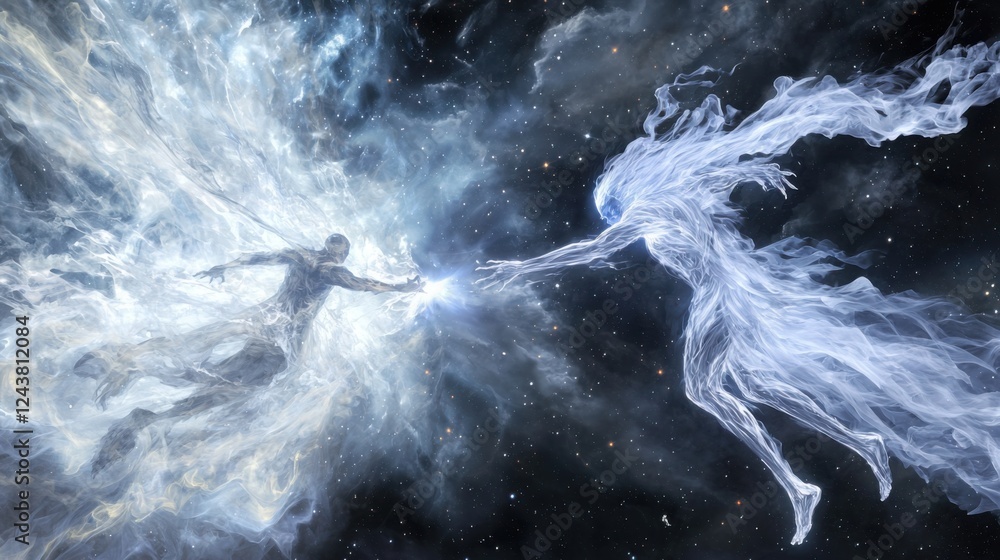 Poster a celestial guardian made of pure energy fights a monstrous void entity in deep space