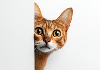 Curious cat peeking around a white wall, feline expressing curiosity with large eyes and vibrant fur, intimate glimpse into playful animal behavior