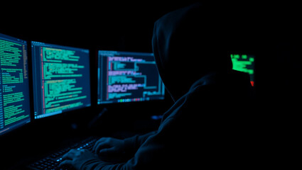 Anonymous hacker coding malware on multiple computer screens in the dark