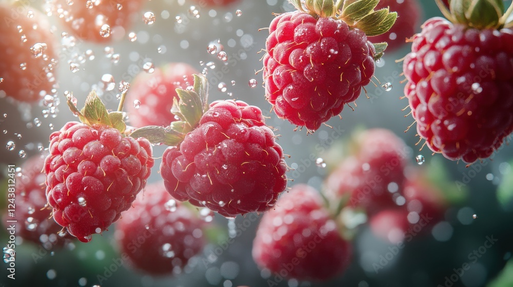 Poster raspberry flying isolated on transparent background