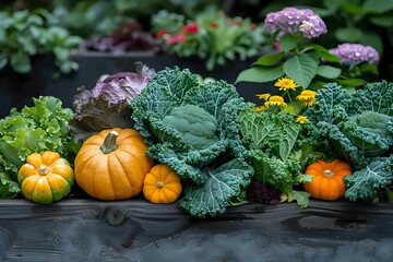 Fresh autumn harvest with orange pumpkins and organic kale leaves on rustic wooden surface, perfect for seasonal cooking, healthy eating, and fall decoration inspiration.