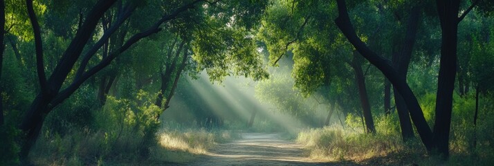 Sunbeams filtering through the trees illuminate a misty forest path, creating a serene and magical atmosphere in the gentle light of early morning
