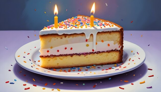 Un trozo de tarta de cumplea&ntilde;os con una vela encendida en un plato, rodeado de chispitas de colores
