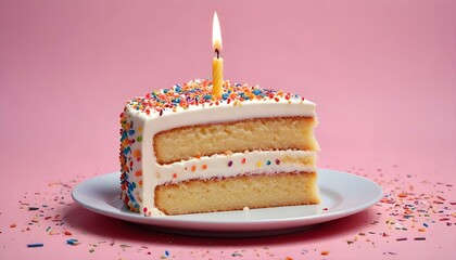Un trozo de tarta de cumpleaños con una vela encendida en un plato, rodeado de chispitas de colores
