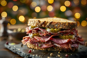 Gourmet deli sandwich with pastrami, pickles and rye bread on dark slate board, festive bokeh lights background perfect for restaurant menu or food advertising.