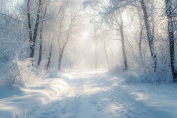 Fototapeta premium Sunlight filters through trees on a tranquil snowy path