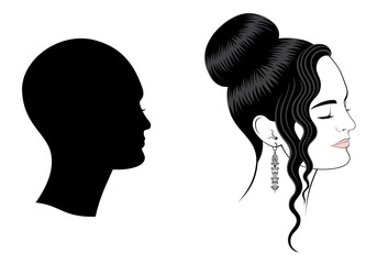Vector set of outline and silhouette female woman's head profile, isolated, illustration on white background