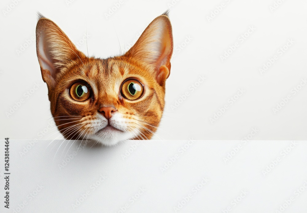 Poster curious ginger cat peeking over a white surface with big eyes and alert expression in a minimalist s