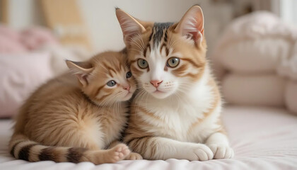 Adorable Kitten and Cat Cuddle on Soft Bed