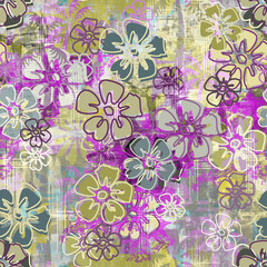 Purple Hawaiian Barkcloth Hibiscus Floral Seamless Repeat