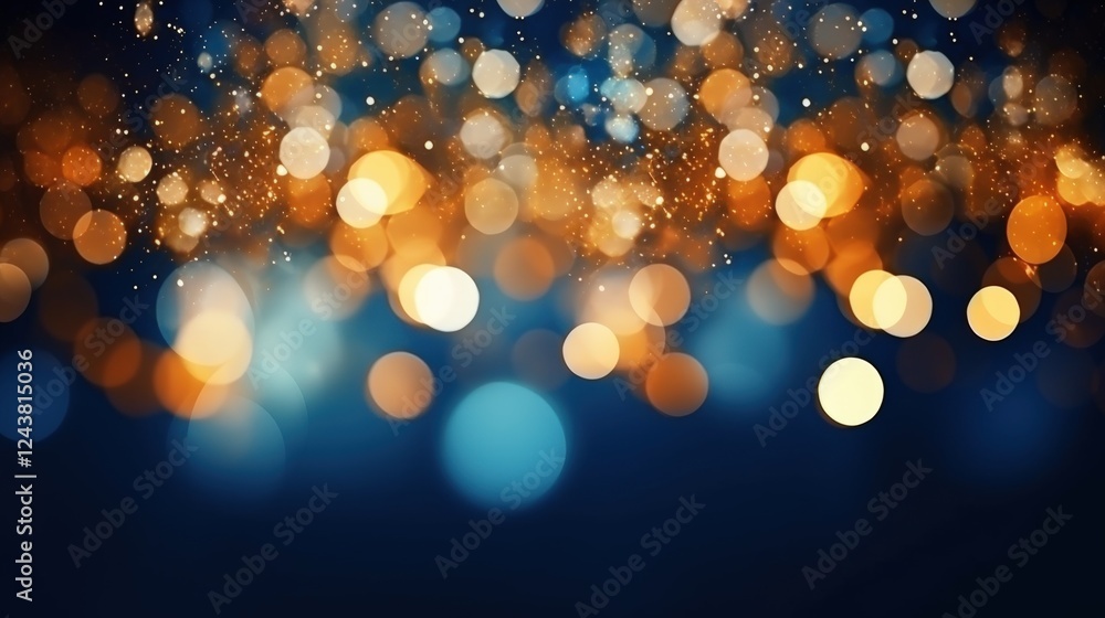 Poster blue background with bokeh lights and sparkles creating a dreamy atmosphere for background design or