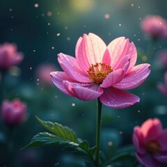 A delicate flower blooms in a garden filled with sparkling silver dust and glittering dew, atmosphere, flowers