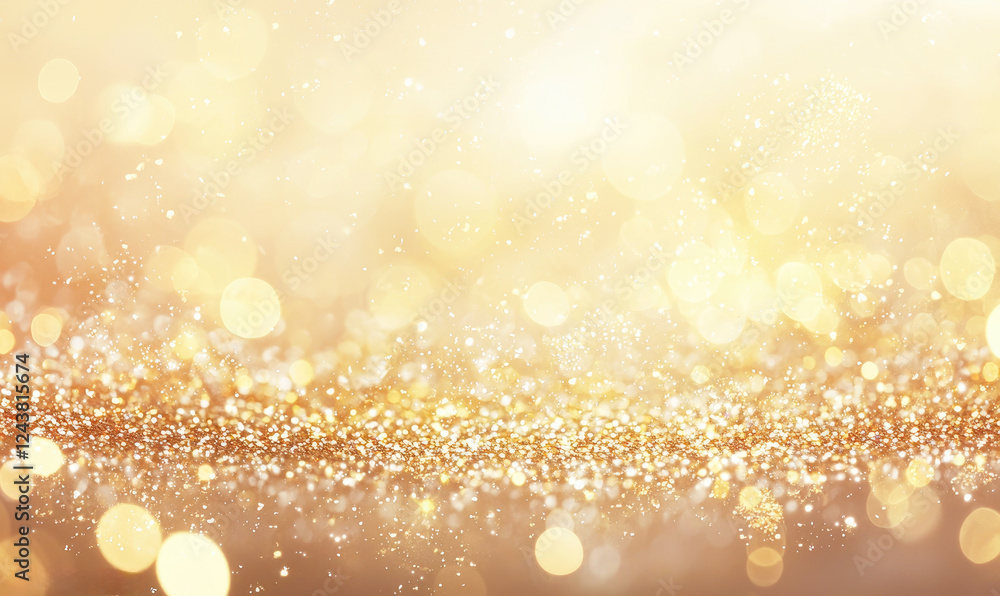 Poster glittering gold texture with calming neutral abstract background, featuring shimmering bokeh lights 