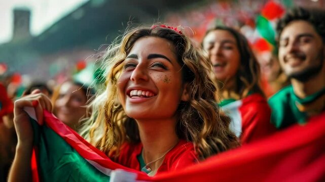 Portrait of happy smiling sports fan on stands with flag. Young woman football fan near people with attributes in white, green and red colors.