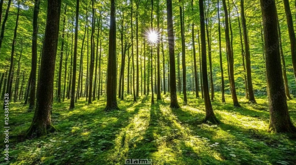 Aufkleber bright sunlight streaming through the trees in a lush green forest creates a peaceful and serene atm