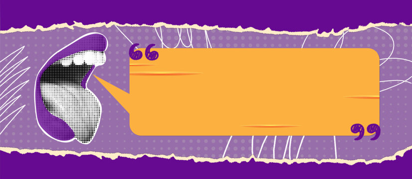 Trendy halftone collage banner with screaming mouth and speech bubble. Social media announcing template with space for text. Modern vector design for promotion and marketing