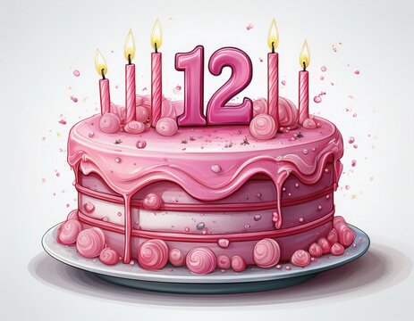 Illustration of decorated pink cake for birthday or anniversary party. Number 12, twelfth birthday celebration