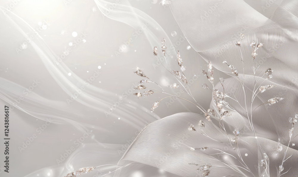 Poster delicate arrangement of shimmering silver elements and abstract light gray waves creates serene and 