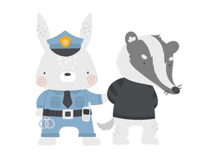 Vector illustration cute rabbit police officer caught badger criminal. Hare in police uniform. Thief and officer. Cute cartoon animals police officers. Professions for children. Cute emergency.
