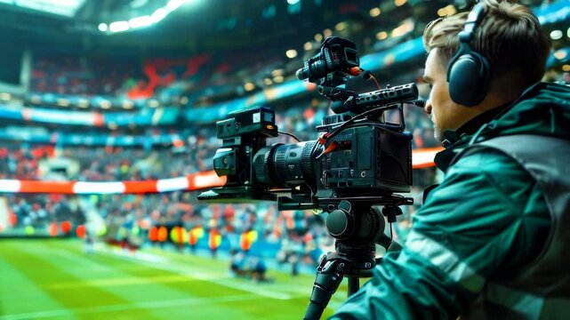 Cameraman in headphones films sports match at large stadium. Work on filming live broadcast at football arena.