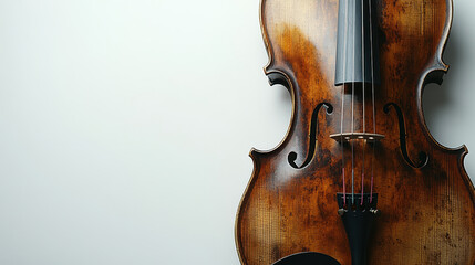 An exquisite antique wooden violin displayed against a soft light background, highlighting its intricate craftsmanship and warm tones, perfect for music enthusiasts