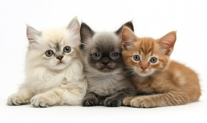 Cute and Playful Kittens in a Variety of Colors Posing Together on a White Background for a Wholesome Pet Photography Collection