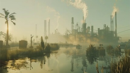 Obraz premium Industrial complex shrouded in mist, reflecting in a tranquil swamp. Palm trees and other vegetation contrast with the industrial landscape, creating a surreal atmosphere. 