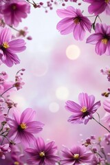 Fototapeta premium Beautiful pink spring flowers form a frame on an elegant pink background with bokeh effect, creating a romantic and luxurious atmosphere with space for text, vertical