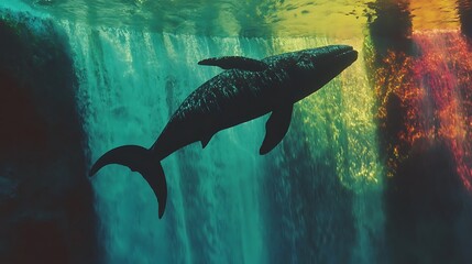 Fototapeta premium A holographic whale swimming above a waterfall, casting a colorful shadow below