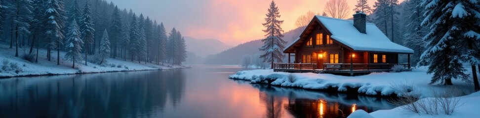 Cozy cabin by river, smoke rises from chimney, warm light spills out, rustic retreat, warm light, snow