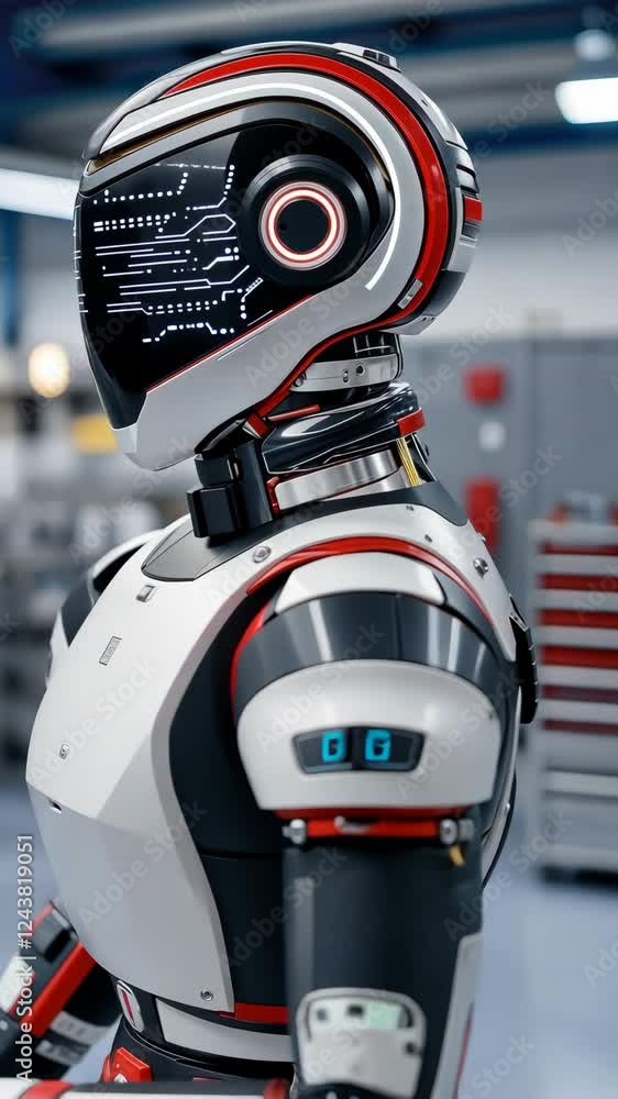 Poster Humanoid robot demonstrates cutting-edge features and design at technology lab, highlighting advancements in robotics and engineering