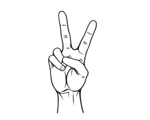 Fototapeta premium black and white line art peace sign hand gesture illustration, clear background, vector