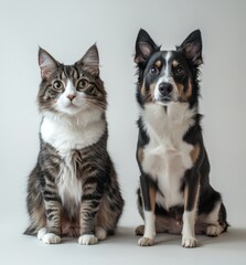 Obraz premium Cute cat and dog sitting side by side, showcasing their unique features and expressions, perfect for pet lovers and animal photography enthusiasts.