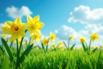 Fototapeta premium Daffodil plants in a spring garden with a clear blue sky and fluffy white clouds, warm weather, growth