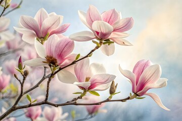 Obraz premium Blossoming pink magnolia flowers against a blue sky background in spring garden, natural wallpaper, macro image with copyspace