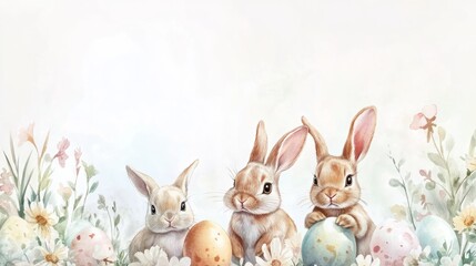 Fototapeta premium Watercolor illustration of adorable bunnies holding a decorated Easter egg surrounded by spring flowers and foliage. 